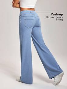 Flexra 女式松紧腰口袋阔腿宽松休闲牛仔裤 - 藍色 - 查看 2