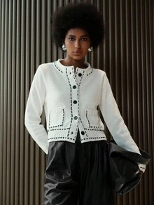 Lumivelle 撞色装饰创意时尚圆领长袖针织开衫 - 米色 - 查看 6