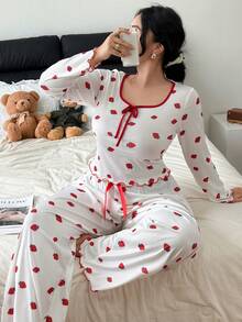 Napfluff CURVE Napfluff CURVE Plus Size Ribbed Strawberry Print Long Sleeve Top & Pants Pajama Set, Cozy Outfit, Fall Winter Clothes - Red - View 5