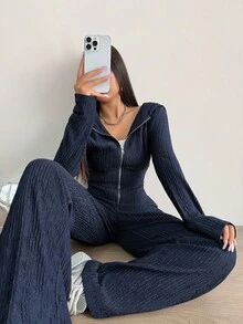 Modelyn 女士针织海军蓝纹理面料长袖连帽开衫和宽松长裤两件套服装，适合秋冬季外出约会的休闲装 - 藏蓝色 - 查看 4