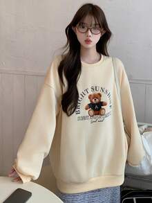 DAZY Áo nỉ cổ tròn lót nhiệt in hình gấu hoạt hình dành cho nữ, Thu/Đông - Vàng nhạt - Xem 5