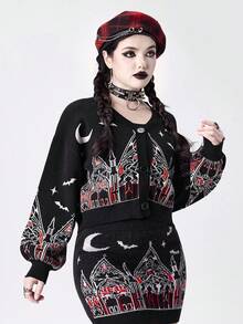 ROMWE Goth 哥特式城堡和教堂星月提花女式短款开衫 - 黑色 - 查看 6