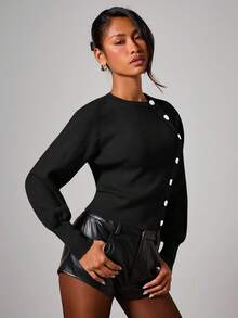 COSMINA Áo khoác cardigan cài nút bất đối xứng thanh lịch dành cho nữ, Thu/Đông - màu đen - Xem 4