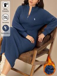 Juhart Plus Size Women Solid Color Knitted Dress With Seahorse Pattern, Casual Sweater Dress Suitable For Christmas, Halloween, Back To School Season