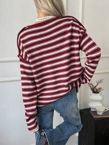 Livesso Áo len dài tay cổ tròn in họa tiết sọc thường ngày cho nữ, mùa thu - Màu Đỏ Sâu - Xem 2