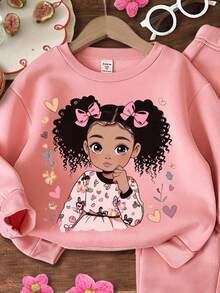 SHEIN 2 chiếc/Bộ Áo nỉ chui đầu họa tiết trái tim dễ thương cho bé gái màu hồng, phù hợp cho mùa thu/đông - Hồng - Xem 5