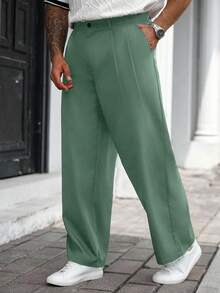 Manfinity CasualCool Plus Size Men Solid Color Pocket Straight Leg Loose Casual Pants, Fall