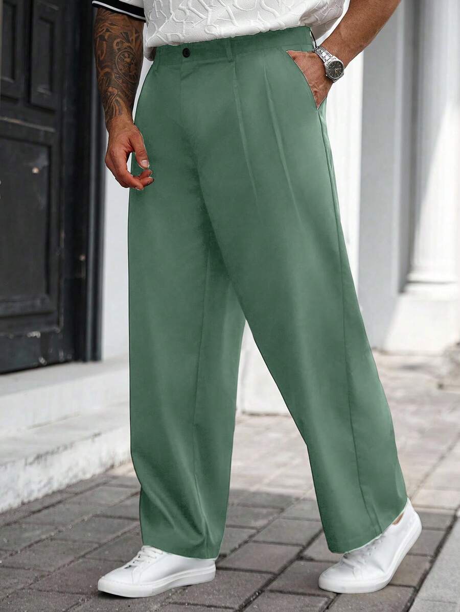 Manfinity CasualCool Plus Size Men Solid Color Pocket Straight Leg Loose Casual Pants, Fall