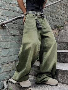 Manfinity EMRG 男士时尚复古水洗阔腿牛仔裤 - 綠色 - 查看 7