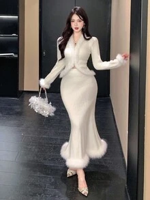 DAZY Women's Patchwork V-Neck Knitted Cardigan And Skirt 2 Pieces Set, Autumn - White - View 6