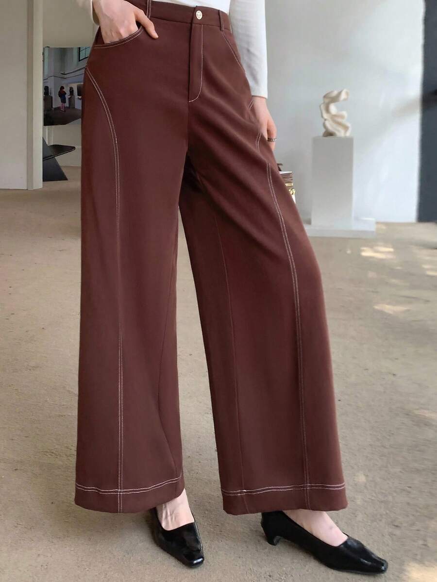 Feyla Women's Casual Wide Leg Button Pocket Pants - Brown - View 1