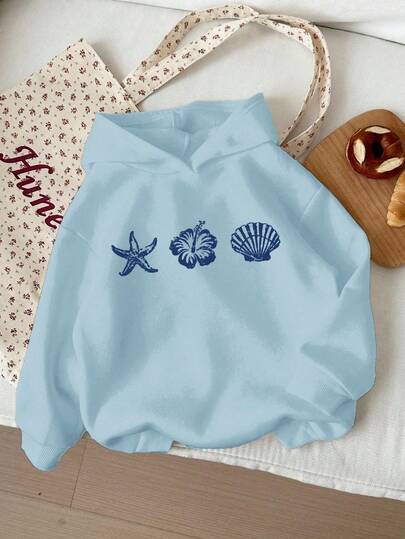 SHEIN Leap Crew Vintage Beachside Casual Vacation Blue Starfish & Hibiscus Pattern, Tween Girls Graphic Sweatshirt, Thick Warm Autumn/Winter, Vacay Vibes, Miami Girl, Chill Chill, Autumn Outfits For, Easy Comfort, Autumn Layers For Girls, Stylish Tween Girl, Casual Wear, Graphic Sweatshirt, Fall Clothes