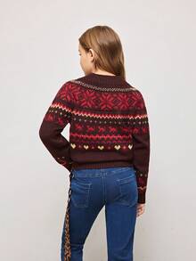 SHEIN Tween Girl Snowflake Pattern Long Sleeve Casual Sweater, Autumn/Winter - Coffee Brown - View 2