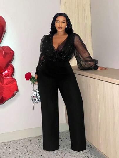 Slaydiva Slayr Plus Size Sexy Shiny Mesh V-Neck Jumpsuit, Date Night Outfit, Valentine's Day Dress Fall