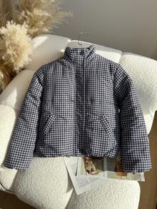 SHEIN 女童休闲蓝色格子短款立领棉衣，百搭秋冬 - 藍白色 - 查看 3