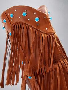 Solezae Ladies Studded Fringe Western Heeled Knee-High Boots - Brown - View 8