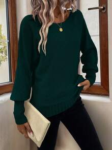 EMERY ROSE Casual Solid Color Batwing Sleeve Sweater, Autumn/Winter - Dark Green - View 4