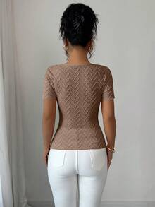 Elenzga Áo thun tay ngắn họa tiết nút vàng hồng 3D cổ bất đối xứng thanh lịch dành cho nữ - Cà phê nâu - Xem 2