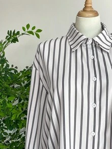 SHEIN LUNE 大码女装秋冬条纹长袖翻领衬衫女上衣日常通勤口袋设计衬衫老款风格衬衫 - 彩色 - 查看 7
