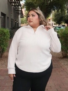 Enliva 大码休闲领口四分之一拉链毛绒杏色 T 恤、T 恤 - 杏色 - 查看 4