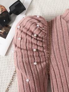 Váy len tay bồng cổ bèo nhún đính hạt thanh lịch cho bé gái tuổi teen, màu hồng, thích hợp cho tiệc Giáng sinh, năm mới, váy trơn co giãn - Hồng - Xem 6