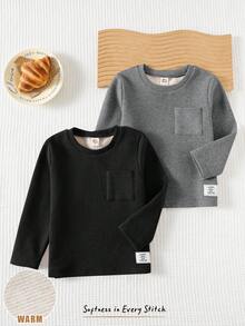 Cozy Pixies 2pcs Young Boy Decorative Jacquard Knit Soft Crew Neck Long Sleeve Pullover Tee Set - Grey - View 7
