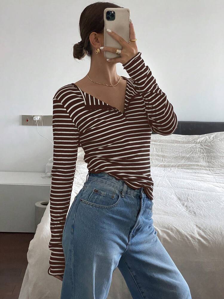 Women's V-Neck Striped Casual Long Sleeve T-Shirt, Spring & Autumn,Fall Women Clothes
