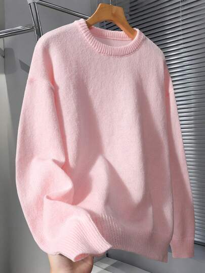 Claim Dot Suéter rosa de manga larga, cuello redondo y hombros caídos, de unicolor y casual para hombre, otoño/invierno