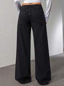 SHEIN PETITE 女士口袋宽松阔腿休闲百搭牛仔裤 - 黑色 - 查看 2