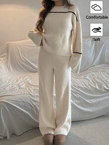 SHEIN 少女立领毛衣套装，撞色喇叭袖毛衣和松紧腰紧身裤，长袖条纹休闲套头毛衣，优雅柔软，长袖上衣学院风服装学院风服装学院风毛衣粗针织毛衣 V 领毛衣/万圣节/圣诞节女士秋冬服装 - 彩色 - 查看 7