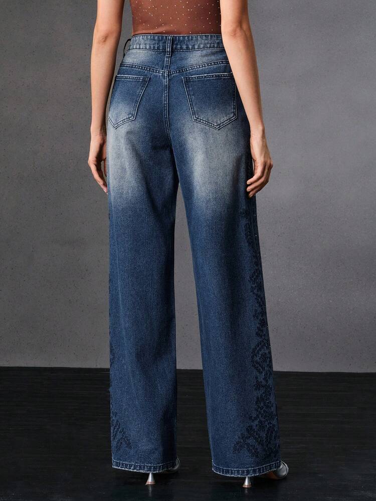 Women's Elegant Embroidered & Rhinestone Embellished Blue Straight Leg Pants, Suitable For Dates, Autumn/Winter