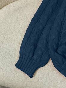 SHEIN Franclia 全新宽松柔软甜美粉色休闲设计 V 领粗针织套头衫，适合女士，百搭 - 藏蓝色 - 查看 4