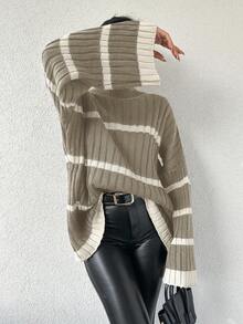 EURMUSE Maglione casual oversize da donna con collo alto a righe, maniche lunghe e spalle scoperte, adatto per l'autunno / inverno - Beige - Visualizzare 4