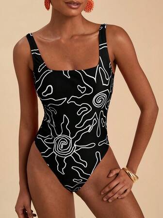 Travachic 1 pieza Traje de baño de una pieza con cuello cuadrado y estampado de líneas abstractas y estrellas, adecuado para la playa en verano, atuendos de verano para mujer, trajes de baño para mujer