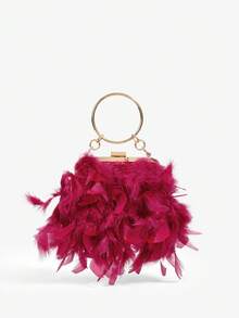 SHEIN SXY 女士手提包，红色，晚宴包，时尚，简约，个性化，多功能，经典，人造羽毛，亮粉色，适合鸡尾酒会、派对、舞会、俱乐部、约会、生日、晚会、约会之夜、舞会 - 酒紅色 - 查看 2