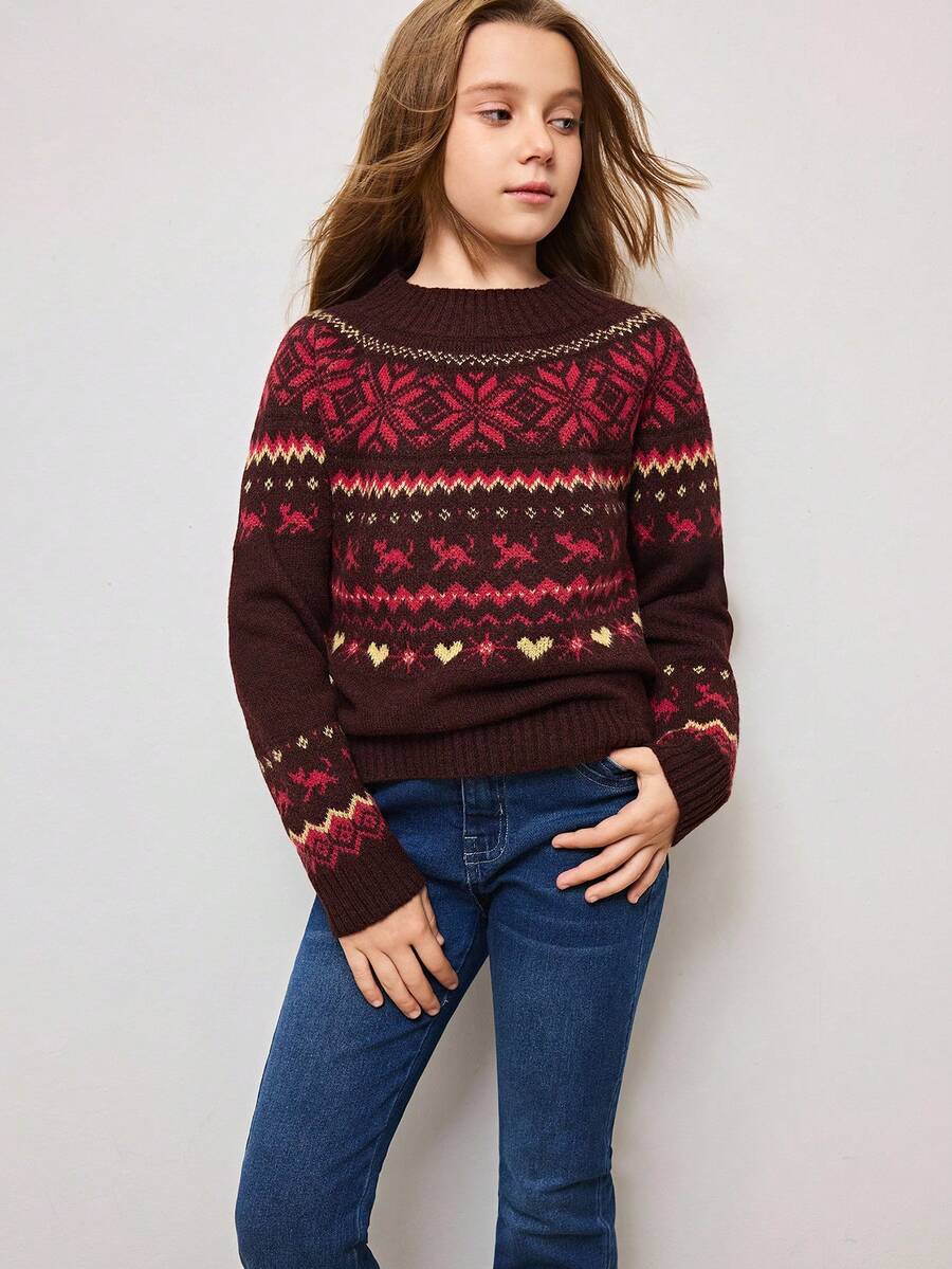 SHEIN Tween Girl Snowflake Pattern Long Sleeve Casual Sweater, Autumn/Winter - Coffee Brown - View 1
