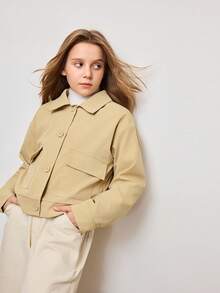 Tween Mädchen Jacke Einfarbig mit langen Ärmeln, Knopfleiste und Cargo-Tasche, Lässig Jacke für den Herbst - Khaki - Übersicht 6