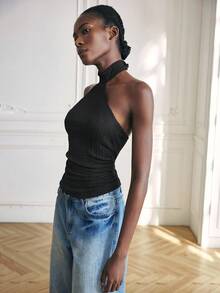 Maija 女式黑色纹理面料露背修身设计高端品质设计师系列现代都市休闲商务正式办公室着装低调优雅氛围城市通勤编辑精选城市社交节日派对多功能别致休闲咖啡厅休闲风格女式背心 - 黑色 - 查看 6