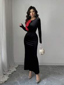 Rafferiza 女士秋冬圆领 3D 花卉天鹅绒紧身收腰长裙，优雅派对和圣诞晚礼服 - 黑色 - 查看 5