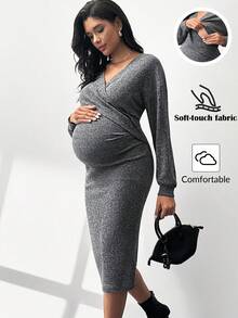 MaterniWear 孕妇纯色重叠V领落肩长袖罗纹修身优雅哺乳连衣裙 - 灰色 - 查看 8