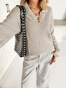 Siren Gaze 四分之一拉链落肩毛衣，女士春秋季休闲长袖超大卡其色落肩套头衫女式毛衣