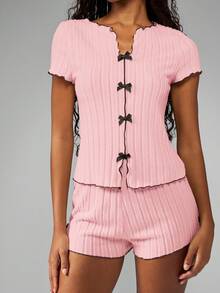 MISSGUIDED Ribbed Lettuce Edge Bow Front Lounge Set Cozy Comfort Pajama Sleepwear For Home Relaxation - Pink - View 4