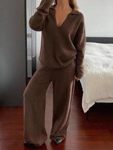 DAZY 女式宽松V领毛衣和裤子两件套，秋冬 - 棕色 - 查看 3