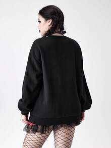 ROMWE Goth 女式哥特式圣诞字母和骷髅印花毛绒拼布圆领运动衫 - 黑色 - 查看 3