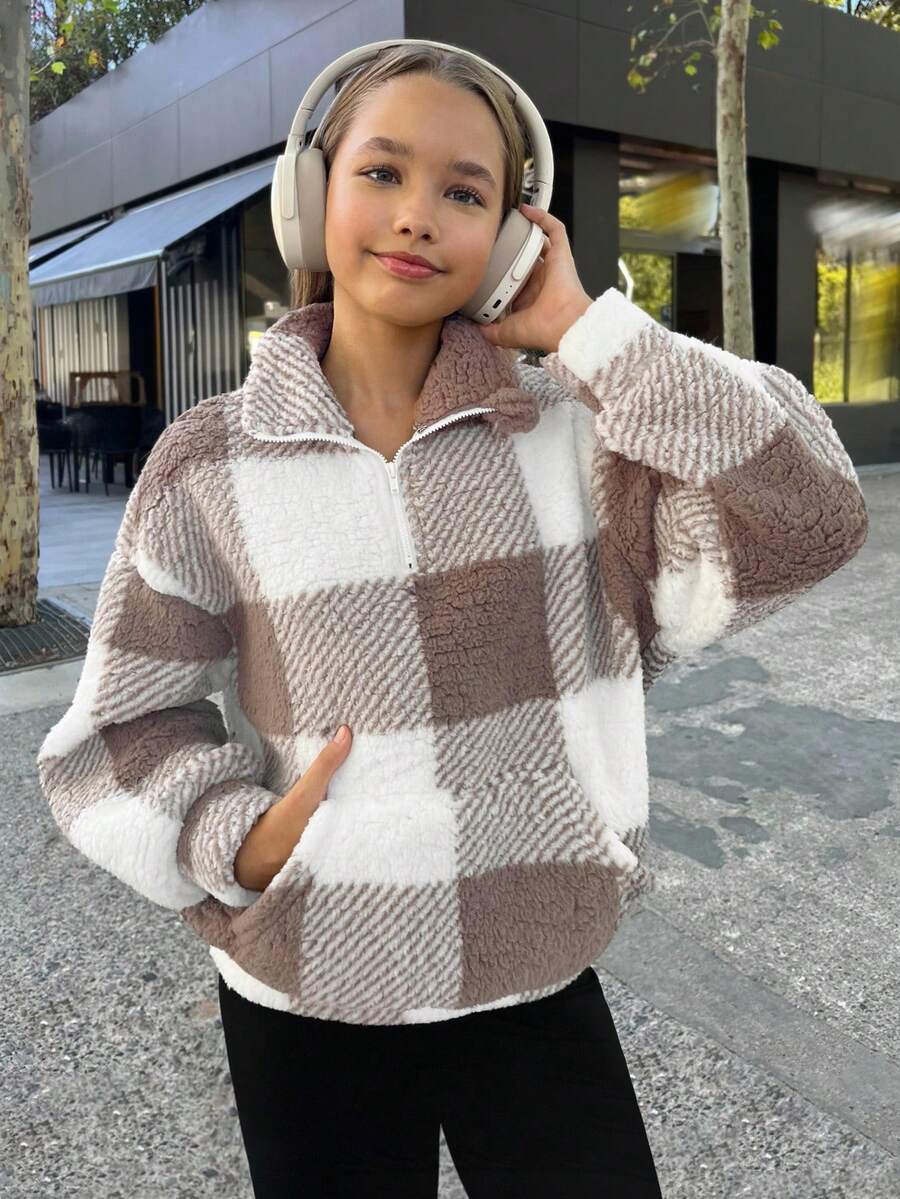 SHEIN 青少年女孩毛绒格子印花半拉链插肩泰迪熊运动衫、长袖上衣、羊毛套头衫，适合秋冬季 - 卡其色 - 查看 1