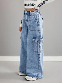 Pantalon cargo en jean bleu ample à taille haute et jambes larges avec boucle, style Y2K délavé clair pour préadolescentes. Pantalon streetwear vintage confortable et polyvalent, convenant aux filles de 8 à 12 ans, pour l'école, la maison et les voyages - Jean bleu - Voir 6