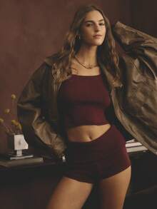 Aralina Elegant Wine Red Square Neck Long Sleeve Slim Fit Ribbed Knit Vacation Outfits Women Two Pieces Set