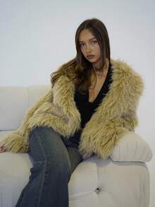 SHEIN ICON 女式人造毛皮夹克，性感前卫的西式风格，适合派对和日常穿着，秋冬季 - 卡其色 - 查看 3