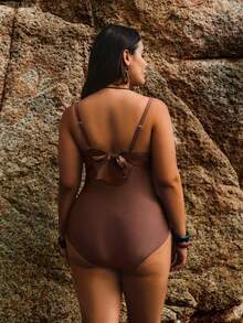 Swim Lushoire Plus Size Shiny Solid Color Adjustable Strap One-Piece Swimsuit With Decor, Elegant Design Suitable For Beach, Pool, Party - Brown - View 3