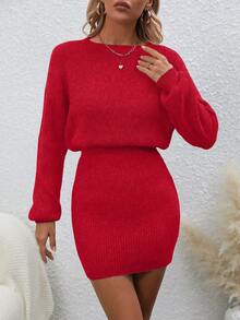 EMERY ROSE Casual Solid Color Knit Dress, Autumn/Winter - Red - View 6